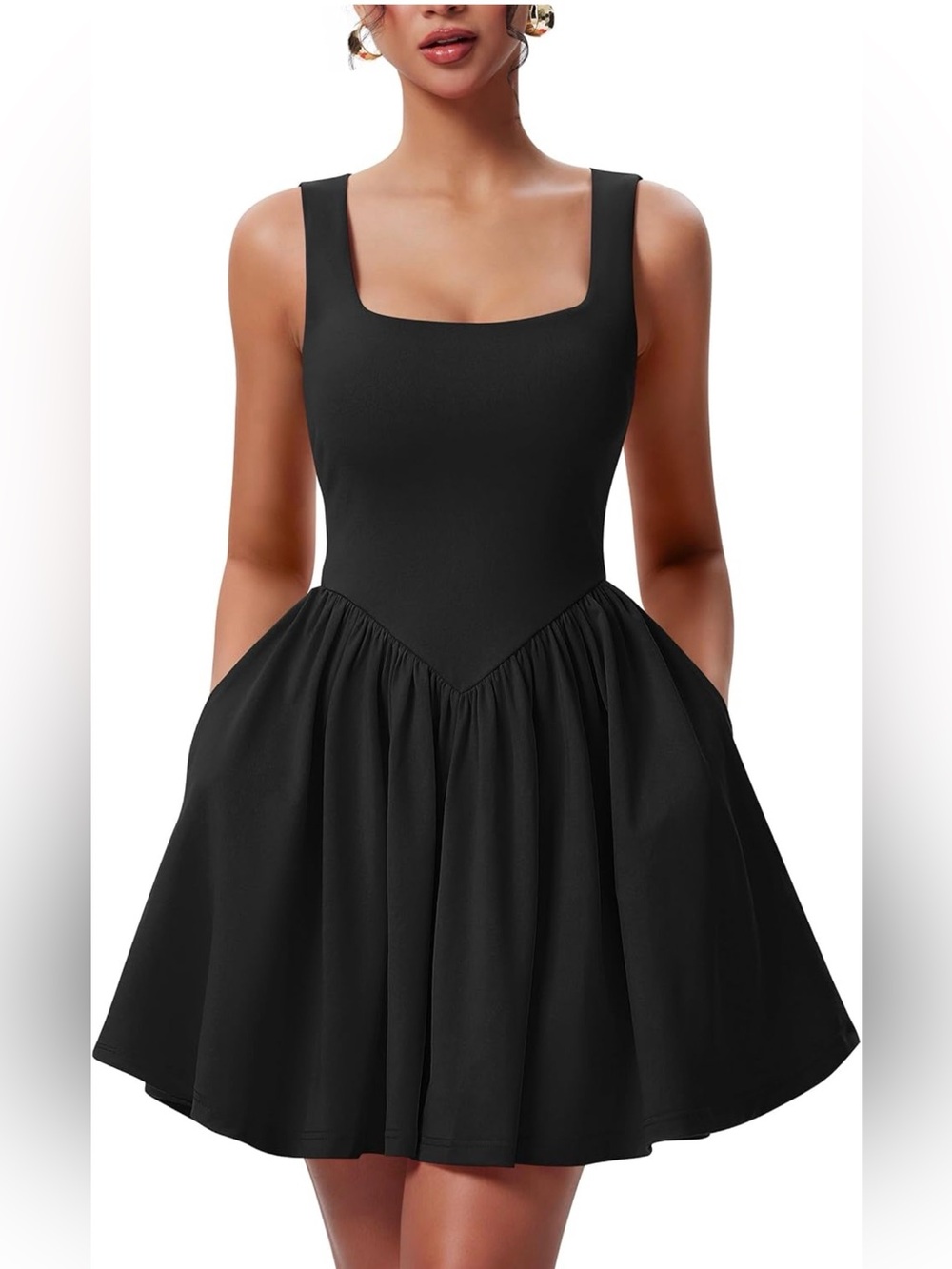 Summer sleeveless square neck A-line ruffle hem mini tank dress w POCKETS